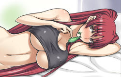 Rule 34 | 1girl, arm behind head, armpits, blush, bottomless, breasts, brown eyes, cleavage, condom, condom in mouth, covered erect nipples, darabuchi, female focus, kousaka tamaki, large breasts, long hair, looking at viewer, lying, mouth hold, navel, nose blush, on bed, on side, red hair, solo, stomach, sweat, tank top, to heart (series), to heart 2, two side up, underboob, upper body, used condom, very long hair