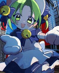 1girl 33kasu animal_hat apron back_bow bell blue_bow blue_bowtie blue_dress bow bowtie cat_hat commentary_request dejiko di_gi_charat dress green_eyes green_hair hair_bell hair_bow hair_ornament hat jingle_bell looking_at_viewer lowres mittens neck_bell open_mouth outstretched_arms parted_bangs puffy_short_sleeves puffy_sleeves reaching reaching_towards_viewer short_hair short_sleeves smile solo two_side_up white_apron white_bow white_mittens