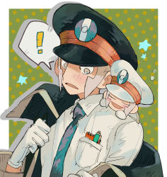 ! 2boys absurdres black_hat blue_necktie blush border brothers collared_shirt emmet_(pokemon) gloves grey_hair hat highres ingo_(pokemon) male_focus mini_person mini_person_on_shoulder miniboy multiple_boys necktie nintendo onigiri_(ahku5522) open_mouth pokemon pokemon_bw shirt short_hair siblings sleeping spoken_exclamation_mark star_(symbol) surprised twins upper_body white_border