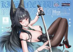 1girl absurdres animal_ear_fluff animal_ears bare_arms bare_shoulders black_hair black_leotard black_pantyhose black_shoes blunt_bangs blush braid detached_collar fox_ears fox_girl green_necktie high_heels highleg highleg_leotard highres holding holding_sword holding_weapon hoshimi_miyabi katana leotard long_hair necktie nontraditional_playboy_bunny open_mouth pantyhose patent_heels pumps red_eyes red_soles shoes solo stiletto_heels strapless strapless_leotard sword volar_uwu weapon zenless_zone_zero