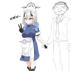 Rule 34 | 1boy, apron, black gloves, blue archive, blue dress, boots, doodle sensei (blue archive), dress, gloves, hand up, hat, highres, horns, jahe (73732258), korean text, nurse cap, pregnancy halo, pregnant, sena (blue archive), sensei (blue archive), short hair, skirt, translation request, v, waist apron, white hair, yellow eyes
