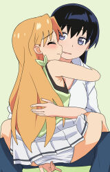 2girls absurdres age_difference arato_nagi armpit_crease bare_arms bare_legs bare_shoulders black_eyes black_hair blush closed_eyes commentary earrings fingering fingering_through_clothes green_background highres hug jewelry long_hair miniskirt multiple_girls onee-loli open_mouth orange_hair panties pants pleated_skirt ruri_no_houseki seat_(so_studios) shirt simple_background sitting skirt sleeveless smile spread_legs straddling stud_earrings tanigawa_ruri through_clothes underwear upright_straddle very_long_hair white_panties white_shirt white_skirt yuri