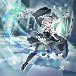 1girl absurdres apron arianna_the_labrynth_servant black_dress black_tail breasts checkered_floor collarbone demon_girl demon_wings detached_sleeves dress duel_monster full_body green_eyes green_pantyhose green_tail green_wings grey_hair highres holding holding_key indoors key long_sleeves maid maid_headdress pantyhose pointy_ears sleeves_past_fingers sleeves_past_wrists small_breasts solo sparkle striped_tail tail twintails twitter_username wings youchengyan yu-gi-oh!