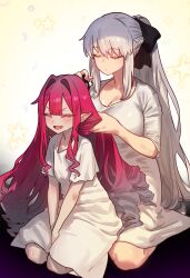 Rule 34 | 2girls, baobhan sith (fate), blush, breasts, ebora, fate/grand order, fate (series), grey hair, hand in another&#039;s hair, hands in hair, highres, holding another&#039;s hair, large breasts, long hair, morgan le fay (fate), multiple girls, open mouth, pink hair, pointy ears, ponytail, sidelocks, smile, tying hair, very long hair