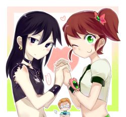 Rule 34 | 2girls, bad id, bad pixiv id, ben 10, ben tennyson, black eyes, brown hair, earrings, frown, gender request, genderswap, glasses, green eyes, gwen tennyson, hair ornament, hair ribbon, holding hands, heart, jewelry, kevin levin, kitaya, lock, long hair, midriff, multiple girls, navel, neck ring, necklace, omnitrix, ponytail, ribbon, shirt, side ponytail, smile, wink