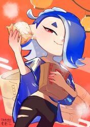 105custom 1girl bag blue_shawl earrings food highres holding holding_bag holding_food jewelry looking_at_viewer nintendo octoling poncho see-through_clothes see-through_shawl shawl shiver_(deep_cut_outfit)_(splatoon) shiver_(splatoon) solo splatoon_(series) splatoon_3 steamed_bun tooth_earrings