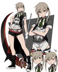 Rule 34 | 1girl, :/, absurdres, alternate costume, belt, black shorts, blonde hair, blush stickers, c:, commentary, converse, crossed arms, full body, furrowed brow, gloves, green eyes, green scarf, hair ornament, hairclip, highres, holding, holding scythe, kekel, looking at viewer, maka albarn, multiple expressions, multiple views, parallel hairclips, parted lips, scarf, scythe, shorts, simple background, smile, soul eater, striped clothes, striped scarf, twintails, vertical-striped clothes, vertical-striped scarf, white background, white gloves, white scarf