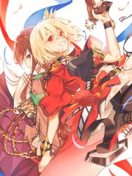 2girls absurdres black_hair black_shirt blonde_hair blush chinese_commentary clenched_teeth commentary_request dkl_(dinosaurkl2) floating_hair gun hair_between_eyes hair_ornament hairclip handgun heart highres holding holding_gun holding_hands holding_weapon inoue_takina interlocked_fingers jacket long_hair lycoris_recoil magia_record:_mahou_shoujo_madoka_magica_gaiden mahou_shoujo_madoka_magica multiple_girls nishikigi_chisato official_alternate_costume purple_eyes red_eyes red_jacket shirt short_hair sidelocks smile teeth weapon
