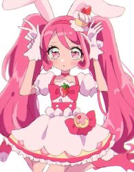 1girl :o animal_ears animal_shoes boots bow bow_skirt bowtie buttons cake choker cure_whip dot_nose earrings expressionless extra_ears eyelashes floppy_ears food food-themed_clothes food-themed_hair_ornament food_print frilled_skirt frilled_sleeves frills fruit_print full_body gloves hair_ornament hairband hands_on_own_head heart heart_print high-waist_skirt high_heel_boots high_heels jewelry kirakira_precure_a_la_mode layered_skirt light_blush long_hair looking_at_viewer magical_girl miniskirt mizumi_(mizmi) parted_lips pink_bag pink_boots pink_bow pink_bowtie pink_choker pink_eyes pink_hair pink_hairband pink_vest pom_pom_(clothes) pom_pom_earrings precure puffy_short_sleeves puffy_sleeves rabbit_ears rabbit_girl shirt short_sleeves simple_background sitting skirt solo strawberry_brooch strawberry_print strawberry_shortcake tareme two-tone_bag usami_ichika v very_long_hair vest waist_bag wariza wavy_hair white_background white_gloves white_shirt white_skirt yellow_bag yellow_skirt