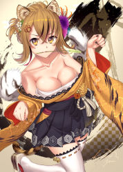 1girl animal_ears bare_shoulders black_skirt blush breasts brown_eyes brown_hair colossus commentary_request flower hair_flower hair_ornament highres kamome_yuu large_breasts looking_at_viewer mole mouth_hold multicolored_hair nail_polish original pleated_skirt short_hair signature skirt solo standing standing_on_one_leg tail thighhighs two-tone_hair white_thighhighs zettai_ryouiki