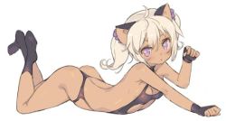 1girl animal_ears arched_back ass black_legwear blade_(galaxist) blush breasts cat_ears cleavage dark_skin female_focus fingerless_gloves full_body gloves hair_ornament lace long_hair looking_at_viewer lying on_stomach original purple_eyes simple_background small_breasts socks solo star star-shaped_pupils star_(symbol) swimsuit symbol-shaped_pupils twintails white_background white_hair