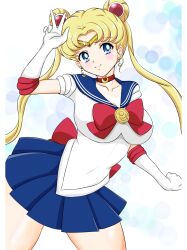 Rule 34 | 1girl, absurdres, back bow, bishoujo senshi sailor moon, blonde hair, blue eyes, blue skirt, bow, breasts, choker, double bun, earrings, elbow gloves, gloves, hair bun, highres, jewelry, large breasts, long hair, looking at viewer, red bow, red choker, sailor moon, sailor senshi uniform, skirt, smile, solo, tsukino usagi, user nxrh7488, white gloves