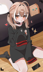 1girl :o absurdres ahoge alternate_costume between_legs black_choker black_ribbon black_shorts black_socks black_sweater brown_eyes brown_hair cellphone choker cushion drawn_ears friend_(nanashi_mumei) from_above hair_ribbon hana20000920 hand_between_legs hand_up heart highres hololive hololive_english lace-trimmed_choker lace_trim looking_at_viewer multicolored_hair nanashi_mumei notice_lines open_mouth phone ribbon shorts sitting sleeves_past_fingers sleeves_past_wrists smartphone socks sparkle streaked_hair sweater torn_clothes torn_sweater triangle_mouth twintails virtual_youtuber wariza wooden_floor