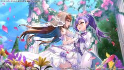 2girls assault_lily asymmetrical_bangs bare_shoulders blue_hair blue_scrunchie blue_sky blurry blurry_background breasts bridal_veil bride clothing_cutout cloud colored_inner_hair column commentary_request copyright_notice cowboy_shot day dress dress_flower elbow_gloves eye_contact female_focus floating_hair flower formal_clothes frilled_sleeves frills garter_straps gloves green_eyes hair_between_eyes hair_ornament hair_scrunchie hand_up high-low_dress high_ponytail holding_hands honma_akehi interlocked_fingers ishizuka_fujino jacket light_particles long_hair long_sleeves looking_at_another medium_breasts multicolored_hair multiple_girls niwatori_(satoru0201) official_alternate_costume official_art open_clothes open_jacket open_mouth orange_flower outdoors pant_suit pants pillar pink_flower ponytail profile purple_flower purple_hair purple_ribbon raised_eyebrows ribbon scrunchie see-through_clothes see-through_veil side_cutout sky sleeveless sleeveless_dress smile standing strapless strapless_dress suit sunlight teeth thighhighs tiara tree two-tone_hair upper_teeth_only veil very_long_hair wedding_dress white_dress white_gloves white_jacket white_pants white_thighhighs wife_and_wife yellow_eyes yellow_flower yuri