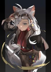 Rule 34 | 1girl, absurdres, ahoge, animal ears, arknights, brown gloves, brown pants, catherine (arknights), gloves, goggles, goggles on head, grey eyes, grey hair, highres, jacket, pants, simple background, solo, tail, thannlong