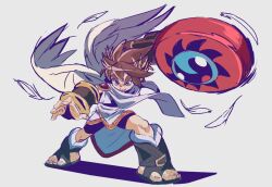 1boy angel angel_wings bike_shorts blue_eyes brown_hair feathers full_body grey_background kid_icarus kid_icarus_uprising laurel_crown nintendo pit_(kid_icarus) robin_(robeans_art) simple_background solo thick_eyebrows upperdash_arm_(kid_icarus) wings