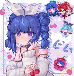 2girls bare_shoulders black_bow blue_hair bow duel_monster evil_twin_ki-sikil evil_twin_lil-la highres holding ki-sikil_(yu-gi-oh!) lil-la_(yu-gi-oh!) live_twin_lil-la_sweet long_hair multiple_girls purple_eyes solo_focus sweater twintails upper_body white_sweater winter_snow yu-gi-oh!