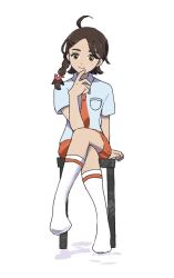 1girl ahoge arm_support braid breast_pocket brown_eyes brown_hair closed_mouth collared_shirt commentary_request crossed_legs eyelashes full_body hand_up hyon_(chiffonberry6u6) juliana_(pokemon) necktie nintendo orange_necktie orange_shorts pocket pokemon pokemon_sv school_uniform shirt short_sleeves shorts sitting smile socks solo stool white_background white_socks