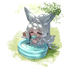 Rule 34 | 1girl, = =, absurdres, animal ear fluff, animal ears, bare arms, bare legs, bare shoulders, barefoot, bendy straw, bikini, blush, chibi, closed eyes, commentary request, cup, day, drinking glass, drinking straw, fang, food, food in mouth, fox ears, fox girl, fox tail, frilled bikini, frills, grey hair, hair between eyes, highres, long hair, mouth hold, original, outdoors, partially submerged, pink bikini, ponytail, popsicle, solo, sweat, swimsuit, tail, very long hair, wading pool, water, yuuji (yukimimi)