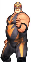1boy beard blonde_hair capcom_vs_snk elbow_pads facial_hair fat fat_man fatal_fury game_cg highres looking_at_viewer male_focus mori_toshiaki muscular non-web_source official_art pointing raiden_(snk) simple_background solo spandex white_background wrestling wrestling_mask wrestling_outfit