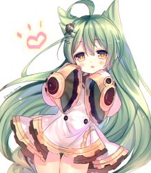1girl :3 absurdly_long_hair ahoge akashi_(azur_lane) animal_ears azur_lane cat_ears commentary_request cowboy_shot dress female_focus green_hair hair_between_eyes hair_ornament hands_in_opposite_sleeves head_tilt heart leaning_to_the_side long_hair long_sleeves looking_at_viewer parted_lips simple_background smile solo twitter_username very_long_hair white_background white_dress wide_sleeves yellow_eyes yuasa_akira