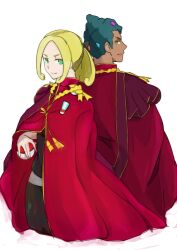 1boy 1girl back-to-back blonde_hair cape dark-skinned_male dark_skin grant_(pokemon) green_hair holding holding_poke_ball hsin looking_at_viewer nintendo poke_ball poke_ball_(basic) pokemon pokemon_(anime) pokemon_xy_(anime) red_cape simple_background viola_(pokemon) white_background