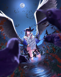 1girl bird black_hair black_wings blue_hair blurry blurry_foreground breasts cleavage collarbone crow feathered_wings full_body highres hikienlaventana hololive hololive_english kneeling large_breasts mole mole_under_eye nerissa_ravencroft night outdoors purple_eyes reflection reflective_water robe slit_pupils solo_focus virtual_youtuber white_robe wings