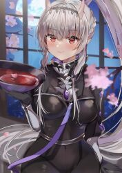 1girl alcohol black_bodysuit blush bodysuit breasts cherry_blossoms closed_mouth commentary_request commission covered_navel cup grey_hair hair_ornament hairband highres holding holding_cup horns hoshikuma_douji houchi_shoujo large_breasts long_hair looking_at_viewer maruro oni ponytail red_eyes sakazuki sake second-party_source sidelocks skeb_commission smile solo very_long_hair white_hair
