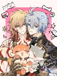 Rule 34 | 2boys, antenna hair, arm tattoo, armlet, armor, black choker, black coat, black gloves, black shirt, blonde hair, blue cape, blue eyes, braid, cape, chest tattoo, chimera (honkai: star rail), choker, clawed gauntlets, coat, commentary, creature, drawn ears, drawn whiskers, earrings, facial tattoo, fig stew (honkai: star rail), fingerless gloves, gloves, gold earrings, gold necklace, goldenpenguin96, gradient hair, hair between eyes, hand on another&#039;s shoulder, highres, holding, holding creature, honkai: star rail, honkai (series), jewelry, male focus, medium hair, multicolored hair, multiple boys, mydei (honkai: star rail), neck tattoo, necklace, open clothes, open coat, parted bangs, pauldrons, phainon (honkai: star rail), phainon (vigethos) (honkai: star rail), red hair, red tattoo, shirt, short hair, shoulder armor, side braid, single glove, single pauldron, sun symbol, sun tattoo, tan, tattoo, white coat, white hair, yellow eyes