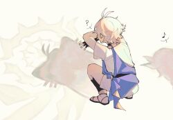 Rule 34 | 1boy, 1girl, ?, aged down, ahoge, ancient greek clothes, birdsofpasssage, black gloves, cat shadow puppet (meme), commentary, cyrene (honkai: star rail), fingerless gloves, gloves, greco-roman clothes, halo, highres, honkai: star rail, honkai (series), male focus, meme, musical note, phainon (honkai: star rail), sandals, shadow, short hair, simple background, solo focus, spoken musical note, squatting, toes, toga, white background, white hair