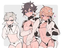 3boys absurdres animal_ears animal_print arm_behind_back bikini bikini_under_clothes black_eyes black_hair blonde_hair blush briefs brown_hair bulge chinese_commentary commentary_request cow_boy cow_ears cow_horns cow_print cow_tail crop_top cropped_shirt crossdressing ear_tag fang grey_background grey_eyes grey_hair hand_up hands_in_pockets head_wings heart highres holding_own_arm horns jacket long_sleeves looking_at_viewer male_focus male_underwear micro_bikini midriff ming_(5unri5e666) mole mole_under_mouth momo_(ming) multiple_boys navel notice_lines one_eye_closed original pale_skin pointy_hair purple_eyes reverse_outfit ribbed_sweater shiny_skin short_hair simple_background skin_fang sleeves_past_wrists spoken_heart sweat sweater swimsuit tail tan thighhighs trap underwear white_background white_thighhighs wings xiao_mei_(ming) yu_shin_(ming)