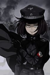 1girl armband black_gloves black_hair cape gloves glowing glowing_eyes grin hat highres jacket military_dress_uniform military_jacket military_uniform multiple_boys nazi original overcast peaked_cap red_armband saki_(c_ybrbnby) sanpaku schutzstaffel short_hair skull_and_crossbones sky smile soldier swastika wehrmacht yellow_eyes