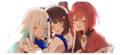 3girls ^_^ absurdres ange_katrina ange_katrina_(1st_costume) animal_ears aqua_hair blue_neckerchief blunt_bangs brown_hair cardigan closed_eyes colored_inner_hair commentary_request dog_ears dog_girl fangs flower frilled_sleeves frills group_picture hair_flower hair_intakes hair_ornament hand_on_another&#039;s_shoulder hand_up highres inui_toko inui_toko_(1st_costume) jacket light_blush lize_helesta lize_helesta_(1st_costume) long_hair long_sidelocks long_sleeves maid_headdress medium_hair multicolored_hair multiple_girls neckerchief nijisanji open_mouth red_cardigan red_hair sanbaka_(nijisanji) shigure_(sigre) sidelocks signature simple_background smile streaked_hair sweat teeth two-tone_hair upper_body upper_teeth_only virtual_youtuber white_background white_hair white_headdress white_jacket