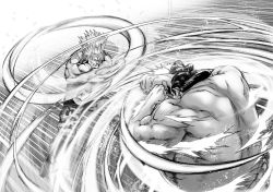 2boys absurdres afterimage camouflage camouflage_pants capcom e._honda fat fat_man fighting folded_ponytail from_side greyscale guile highres male_focus monochrome motion_lines multiple_boys murata_yuusuke muscular pants shockwave sonic_boom_(speed) sonic_boom_(street_fighter) speed_lines straight_hair street_fighter sumo topless_male traditional_media