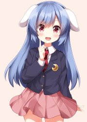 Rule 34 | 1girl, :d, alternate hair length, alternate hairstyle, animal ears, black jacket, blue hair, blush, commentary, cowboy shot, crescent, crescent pin, floppy ears, hand up, highres, index finger raised, jacket, long hair, long sleeves, looking at viewer, necktie, open mouth, pink skirt, pleated skirt, rabbit ears, red eyes, red necktie, reisen (touhou bougetsushou), ruu (tksymkw), shirt, simple background, skirt, smile, solo, touhou, white shirt, yellow background
