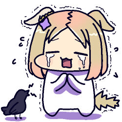 1girl :3 =_= animal_ears bird blonde_hair chibi chiikawa commentary crow crying derivative_work ear_covers horse_ears horse_girl horse_tail jazz_jack lowres narita_top_road_(umamusume) own_hands_together parody short_hair simple_background single_ear_cover solo tail trembling umamusume white_background