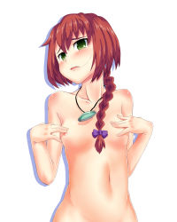 1girl blush braid breasts brown_hair darker_than_black female_focus green_eyes hair_in_own_mouth hair_over_shoulder highres ka-9 long_hair medium_breasts nipples nude simple_background single_braid small_nipples solo suou_pavlichenko