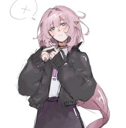 1girl alternate_costume black_jacket blue_eyes commentary elf elysia_(honkai_impact) english_commentary highres honkai_(series) honkai_impact_3rd jacket karetokoi long_hair looking_at_viewer pink_hair pointy_ears purple_skirt shirt simple_background skirt solo spoken_x very_long_hair white_background white_shirt x_fingers