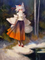 Rule 34 | 1girl, animal ear fluff, animal ears, birch tree, detached sleeves, full body, geta, hat, highres, inubashiri momiji, landscape, oil painting (medium), outdoors, painting (medium), pom pom (clothes), red eyes, red skirt, short hair, skirt, solo, standing, svveetberry, tail, tengu-geta, tokin hat, touhou, traditional media, tree, white hair, wide sleeves, wolf ears, wolf girl, wolf tail