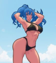 1girl ass bikini blue_eyes blue_hair breasts curvy female_focus hairyscarecrow highres huge_ass huge_breasts large_breasts leona_heidern long_hair looking_at_viewer outdoors pale_skin ponytail sky snk standing swimsuit the_king_of_fighters thick_thighs thighs underboob wide_hips
