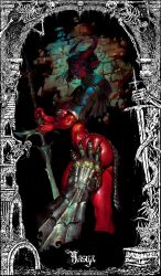 Rule 34 | 1girl, absurdres, armor, armored gloves, ass, bikini, colored skin, demon girl, demon horns, fingernails, highres, holding, holding sword, holding weapon, horns, looking at viewer, metal bikini, original, pointy ears, red skin, sharp fingernails, skeleton, swimsuit, sword, weapon, yasya (griboedo4ka), zweihander