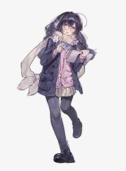 Rule 34 | 1girl, :d, absurdres, black-framed eyewear, black hair, black jacket, black pantyhose, black shoes, blush, buttons, cardigan, drawing tablet, earmuffs, full body, glasses, grey background, highres, holding, holding drawing tablet, holding stylus, jacket, loafers, long hair, long sleeves, miniskirt, open mouth, original, pantyhose, pink cardigan, pleated skirt, pom pom (clothes), pudding49500, round eyewear, scarf, shoes, simple background, skirt, smile, solo, standing, standing on one leg, stylus, tachi-e, yellow scarf, yellow skirt