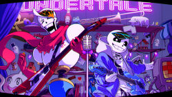 Rule 34 | 2boys, ahin vpv, annoying dog, black sclera, black shorts, blue jacket, brothers, character request, closed eyes, colored sclera, copyright name, electric guitar, gloves, grin, guitar, holding, holding guitar, holding instrument, instrument, jacket, mad dummy (undertale), mad mew mew, male focus, mettaton, multiple boys, napstablook, onionsan, papyrus (undertale), sans (undertale), shorts, siblings, skeleton, sleeping, smile, teeth, temmie, toy, trombone, undertale