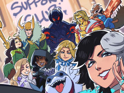 adam_warlock alien animification avengers_(series) blonde_hair blue_eyes cloak_(marvel) crop_top dagger_(marvel) fantastic_four guardians_of_the_galaxy heterochromia highres hood jeff_(marvel) loki_(marvel) luna_snow mantis_(marvel) marvel marvel_cinematic_universe marvel_rivals meme multicolored_armor multicolored_hair robot rocket_raccoon shark short_hair smile snowflake_ornament split-color_hair sue_storm superhero_costume tina_fate two-tone_hair ultron white_hair