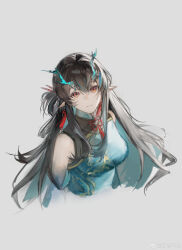 1girl absurdres arknights black_hair chinese_commentary closed_mouth commentary_request cropped_torso dragon_girl dragon_horns dusk_(arknights) dusk_(everything_is_a_miracle)_(arknights) earrings expressionless grey_background hair_between_eyes highres horns jewelry long_hair looking_at_viewer official_alternate_costume orange_eyes pointy_ears simple_background sleeveless solo tassel tassel_earrings you_zhiqi_de