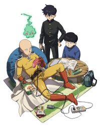 Rule 34 | 3boys, :/, bag, bag of chips, bald, bean bag chair, belt, black belt, black eyes, black hair, black jacket, black pants, blue sweater, blush stickers, book, boots, bowl cut, brothers, buttons, cable, cape, cellphone, closed mouth, commentary, controller, creator connection, crossover, crumbs, cup, drinking glass, drinking straw, ekubo (mob psycho 100), elbow gloves, eraser, flip phone, gakuran, game controller, gloves, hair between eyes, hand on own hip, high collar, highres, jacket, juice, jumpsuit, kageyama ritsu, kageyama shigeo, knee up, long sleeves, looking at another, looking at object, male focus, mob psycho 100, multiple boys, namo (mubulike), one-punch man, open book, open mouth, orange juice, pants, parted lips, pencil, phone, poke ball, power strip, purple lips, red boots, red gloves, rug, saitama (one-punch man), school uniform, short hair, siblings, sideways mouth, sitting, spirit, standing, superhero costume, sweatdrop, sweater, symbol-only commentary, white background, white cape, yellow jumpsuit, zipper, zipper pull tab
