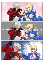 1girl 2boys archer_(fate) archer_(honkai:_star_rail)_(fate) artoria_pendragon_(fate) blonde_hair blue_dress coat cu_chulainn_(fate) cu_chulainn_(fate/stay_night) cu_chulainn_(honkai:_star_rail)_(fate) dark-skinned_male dark_skin dress fate/stay_night fate/unlimited_blade_works fate_(series) heart heart_hands highres honkai:_star_rail honkai_(series) hsrmangakichi multiple_boys red_coat saber_(fate) saber_(honkai:_star_rail)_(fate) smile