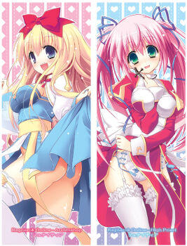 Rule 34 | 2girls, arch bishop (ragnarok online), ass, back bow, blonde hair, blue eyes, blue ribbon, blush, bow, breasts, cleavage cutout, clothes lift, clothing cutout, commentary request, covered erect nipples, cowboy shot, cross, dress, dress lift, frilled thighhighs, frills, garter straps, green eyes, hair bow, hair ribbon, heart, heart background, high priest (ragnarok online), juliet sleeves, kizuki erika, lifting own clothes, long hair, long sleeves, looking at viewer, medium breasts, multiple girls, no panties, open mouth, panties, pink hair, puffy sleeves, ragnarok online, red bow, red dress, ribbon, sash, smile, thighhighs, twintails, two-tone dress, underwear, white bow, white dress, white panties, white sash, white thighhighs, yellow sash