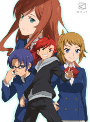 10s 2014 2boys 2girls artist_logo blue_eyes blue_hair bow brown_hair dated green_eyes gundam gundam_build_fighters gundam_build_fighters_try hand_on_own_hip hood hoodie hoshino_fumina kamiki_mirai kamiki_sekai kousaka_yuuma kueru logo long_hair long_sleeves miyahara_takuya multiple_boys multiple_girls ponytail purple_eyes red_eyes red_hair school_uniform short_hair smile