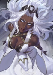 1girl boots breasts cleavage dark-skinned_female dark_skin earrings floating highres jewelry large_breasts lightning_bolt_earrings lightning_bolt_symbol long_hair looking_at_viewer marvel marvel_tokon:_fighting_souls no_pupils pants phamoz shawl solo storm_(x-men) thigh_boots tiara very_dark_skin very_long_hair white_boots white_eyes white_hair white_pants wind x-men